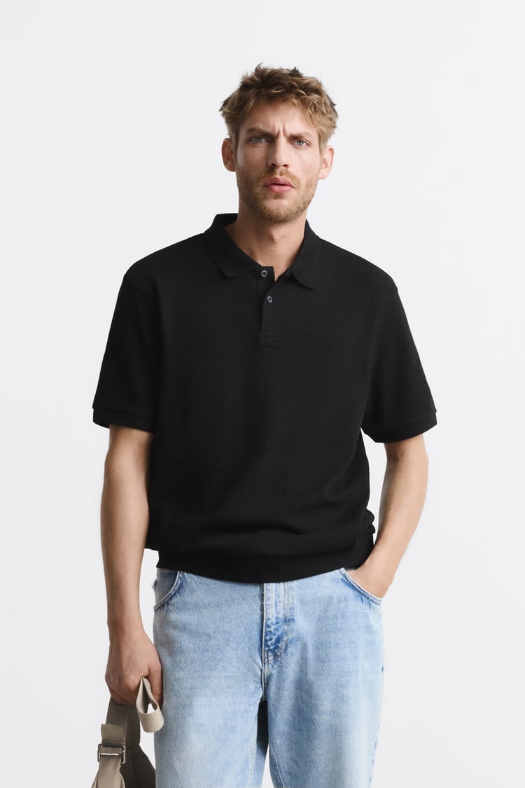 Zara textured polo shirt in black