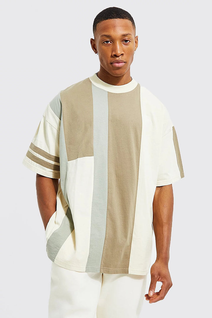 BOOHOOMAN OVERSIZED EXTENDED NECK COLOUR BLOCK T-SHIRT IN TAUPE