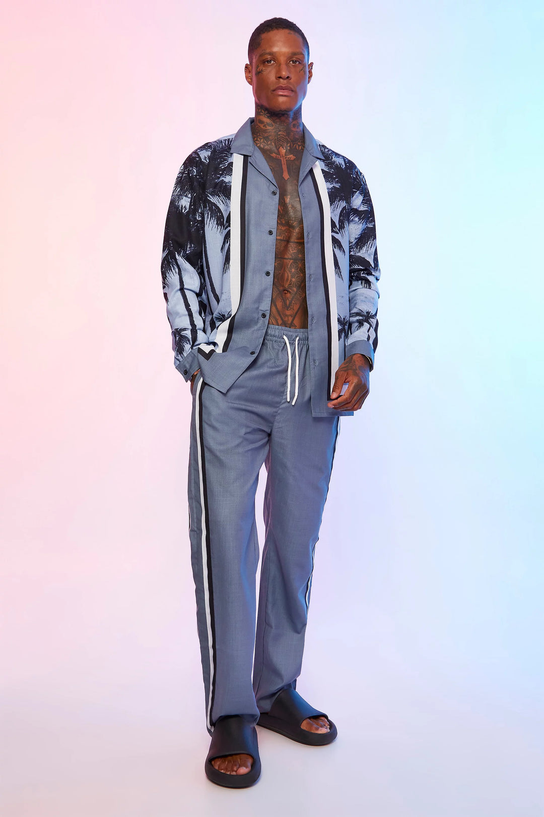 BOOHOOMAN LONG SLEEVE OVERSIZED SLUB SHIRT AND TROUSERS