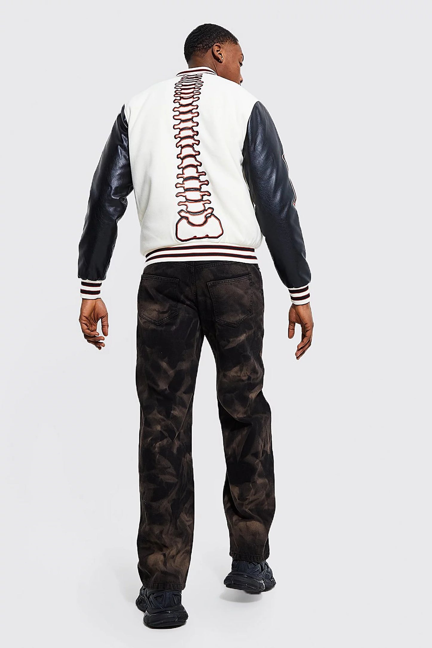 BOOHOOMAN SCARECROW FACE VARSITY JACKET IN BLACK Garmisland
