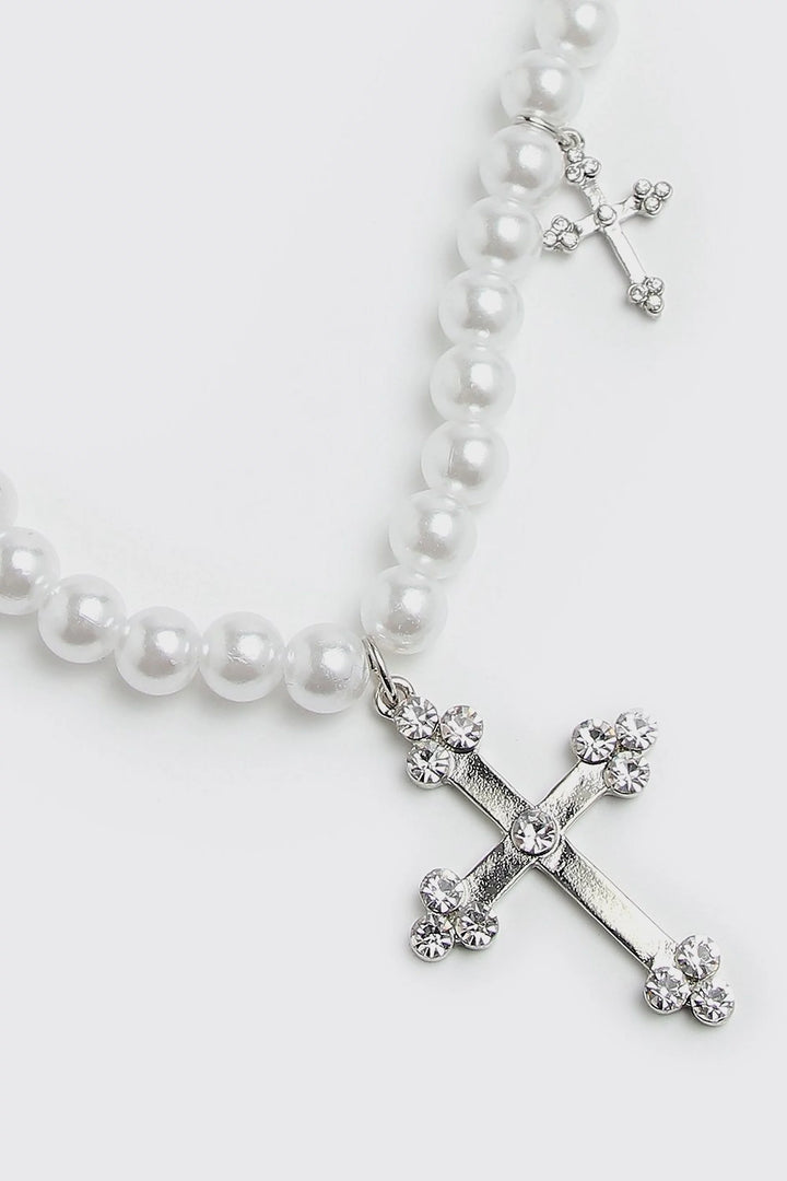 Boohooman Multi Cross Pendant Pearl Necklace White