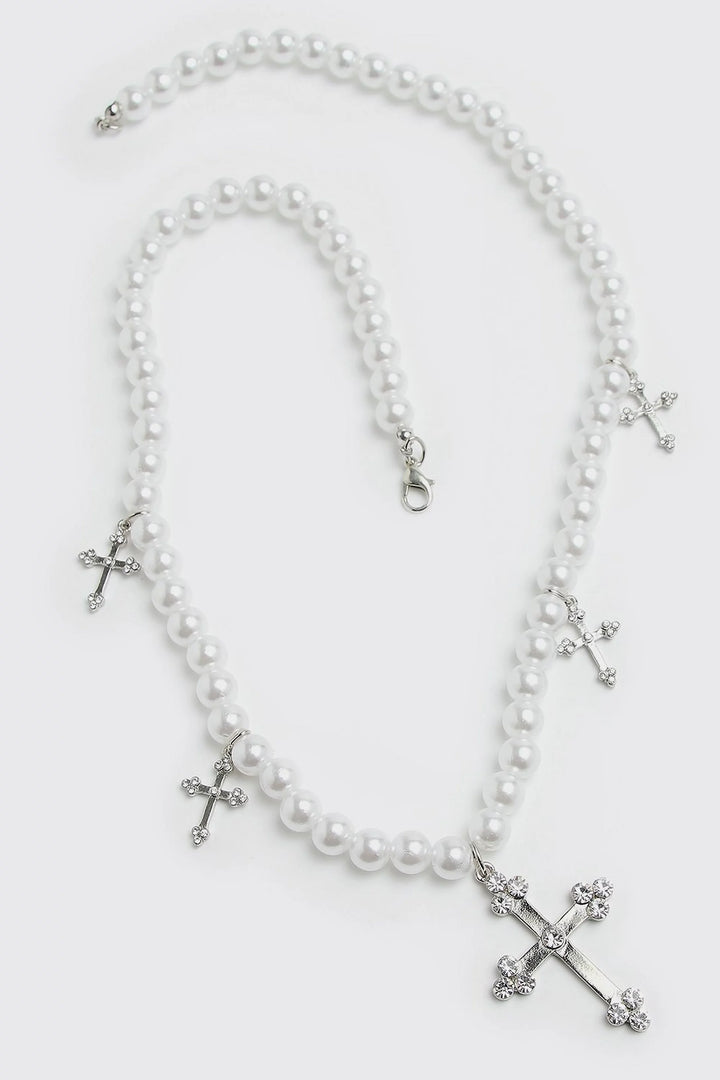 Boohooman Multi Cross Pendant Pearl Necklace White