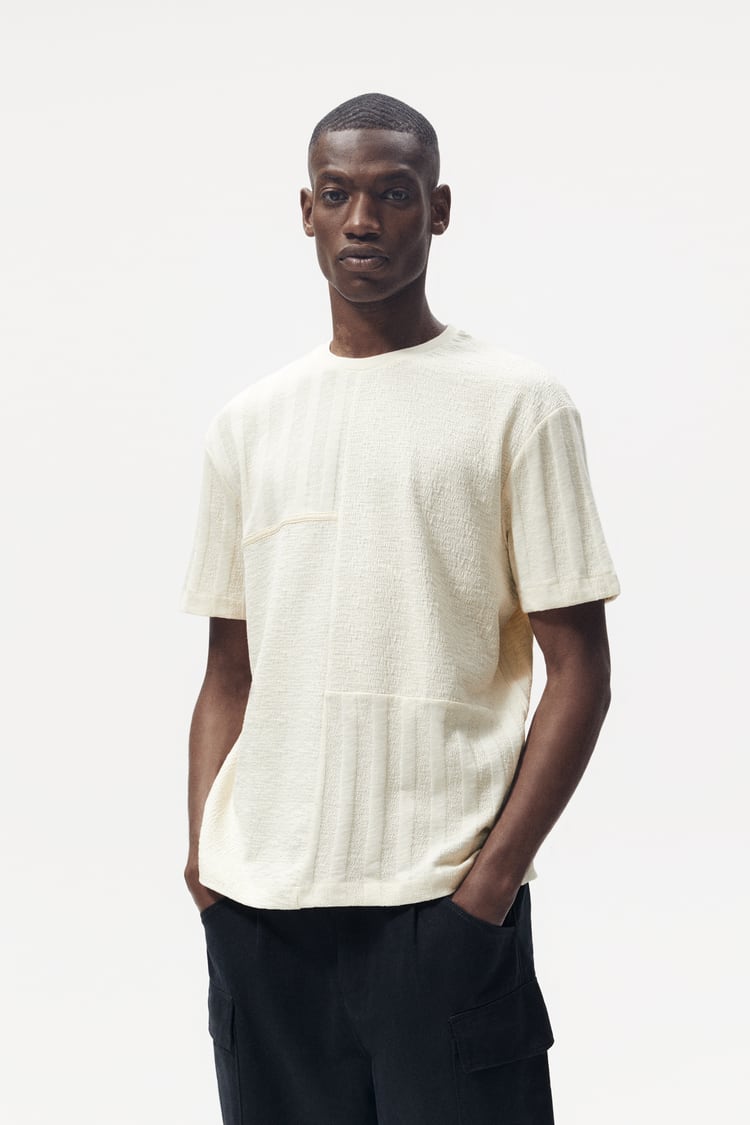 ZARA TEXTURED PATCHWORK T-SHIRT IN NEUTRAL