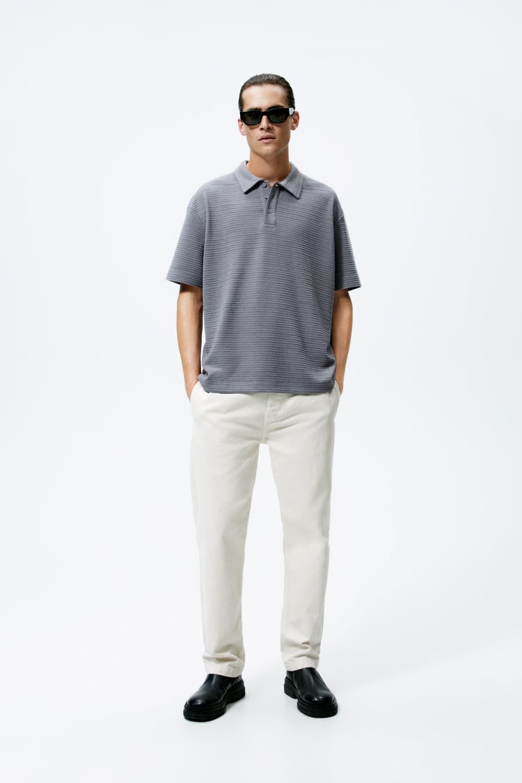 Zara textured polo shirt in mid grey