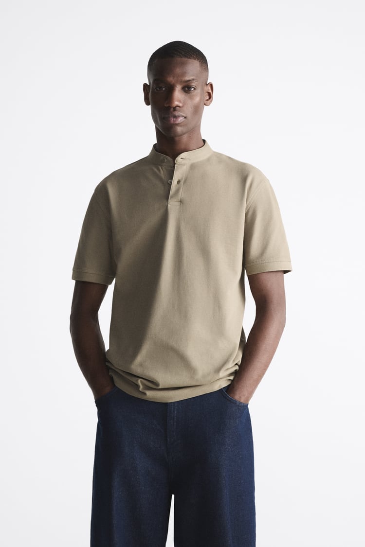 ZARA TEXTURED PIQUÉ POLO SHIRT IN TAUPE