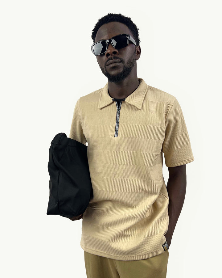 Ramoss Jacquard Textured Polo Shirt with Zip Detail in beige