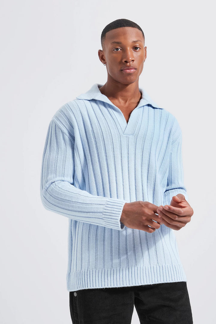 BOOHOOMAN DEEP V REVERE COLLAR OVERSIZED POLO IN PALE BLUE