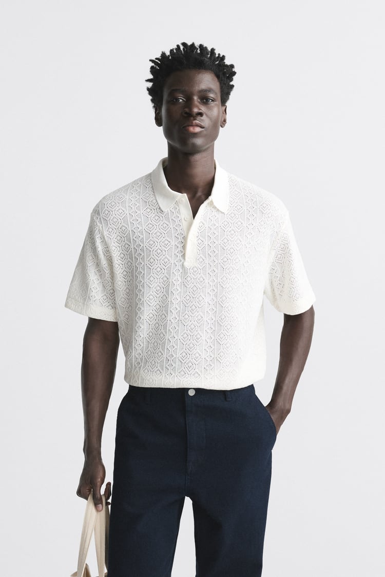 Zara jacquard polo shirt in oyster white