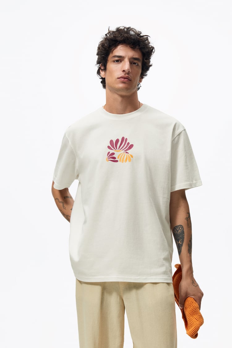 Zara contrast print t-shirt in oyster white