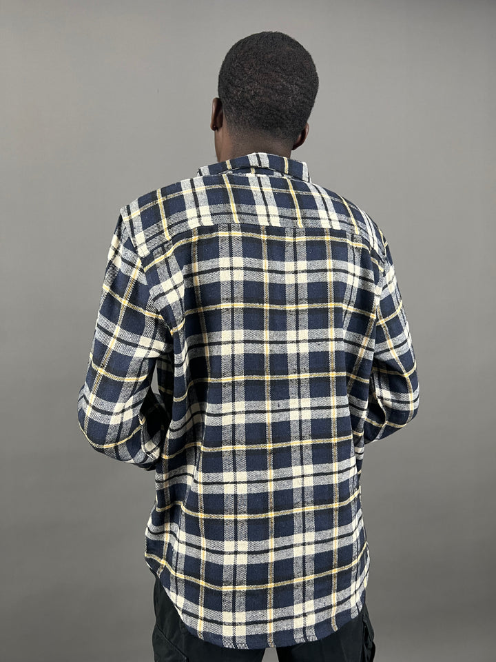 Tall woods plaid flannel shirt in blue and yellow