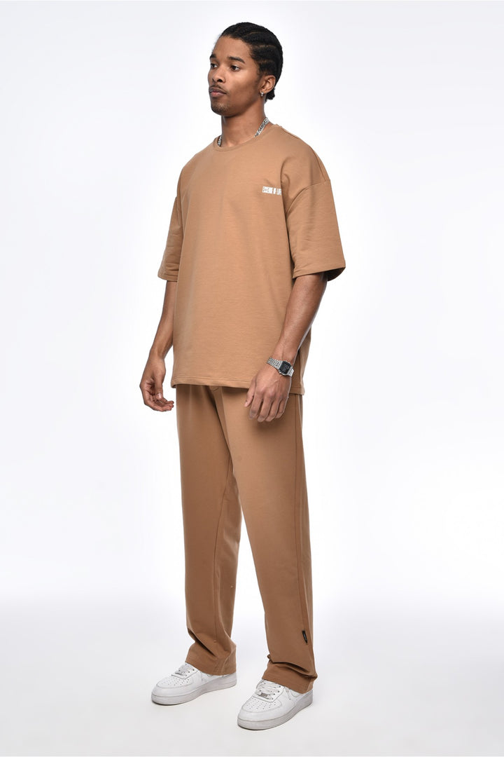 Vamos Essence Of Life Basic Oversize T-shirt & Trouser Set in Tan