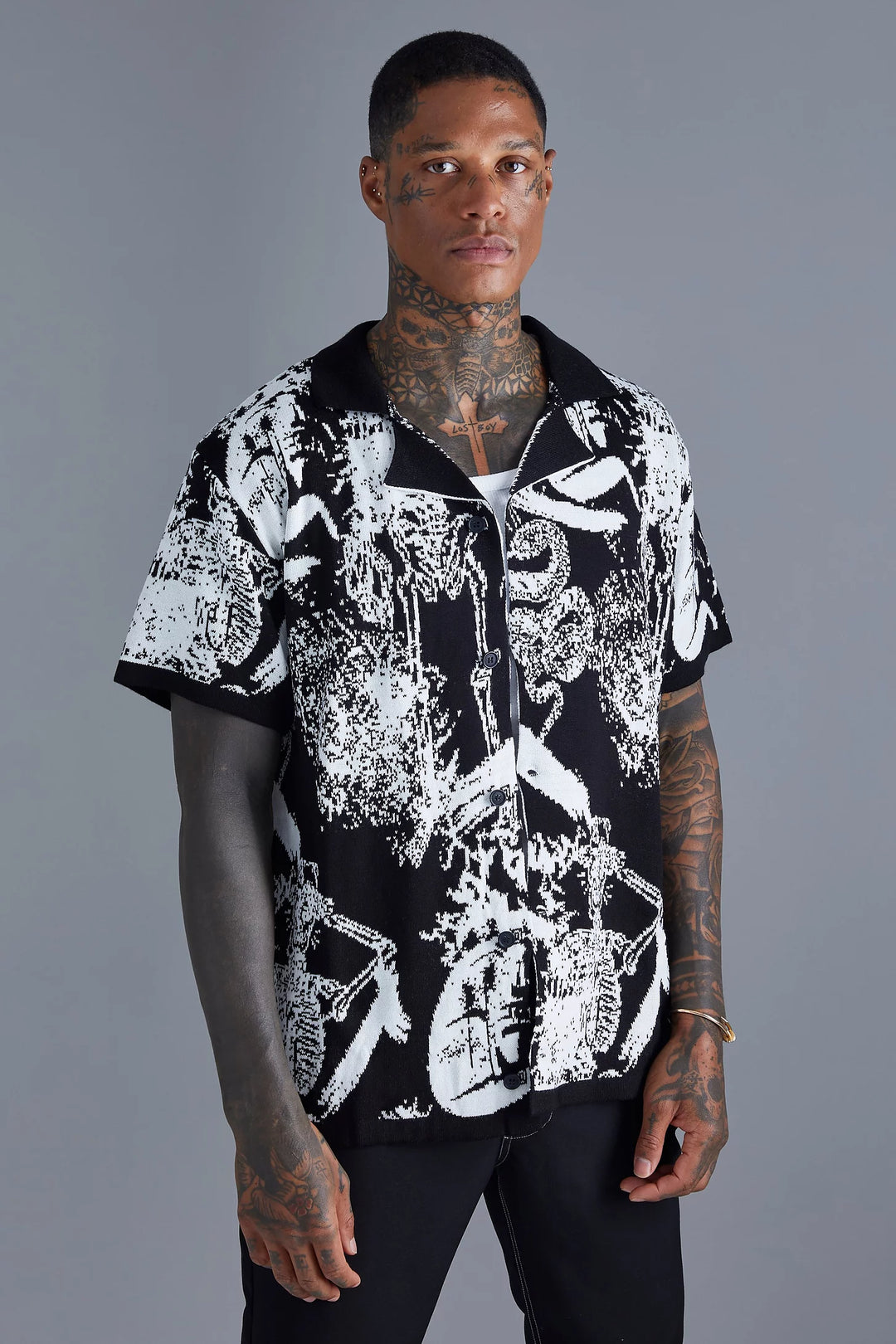 BOOHOOMAN GRAFFITI SKELETON KNITTED RELAXED SHIRT IN BLACK