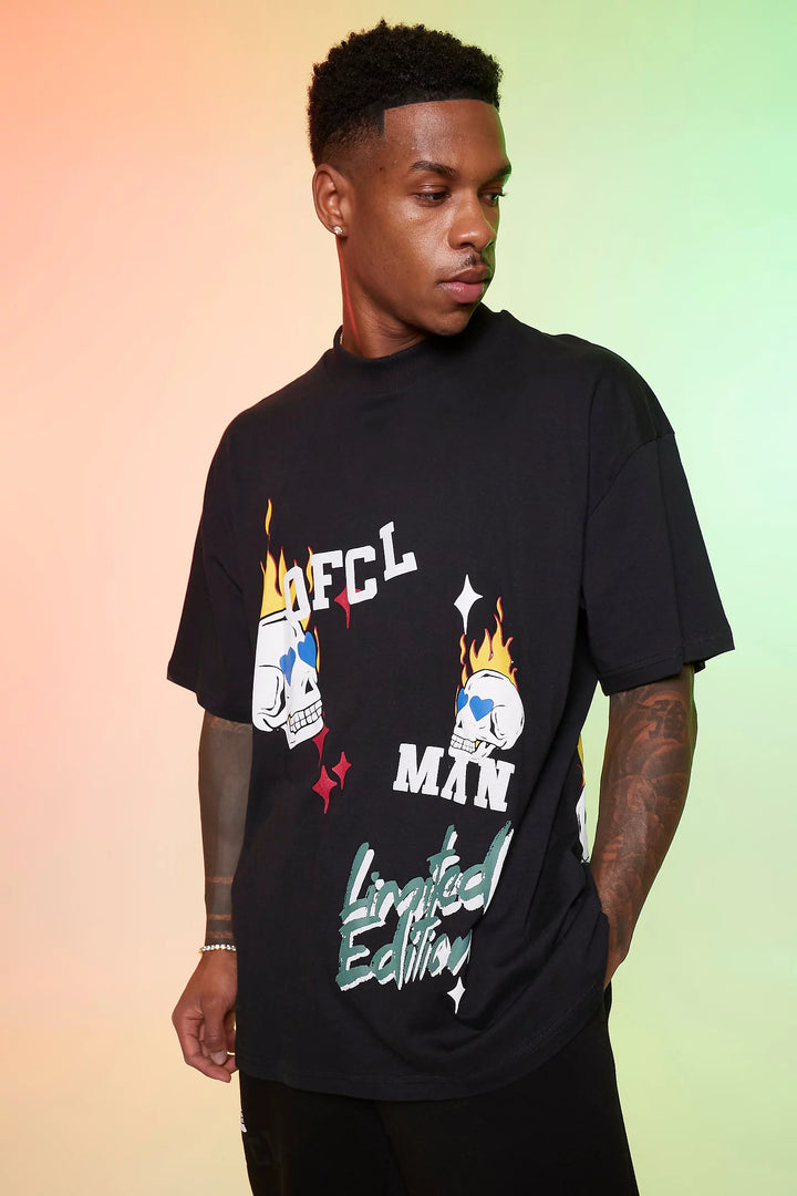 BOOHOOMAN OVERSIZED EXTENDED NECK OFCL GLOBE T-SHIRT IN BLACK