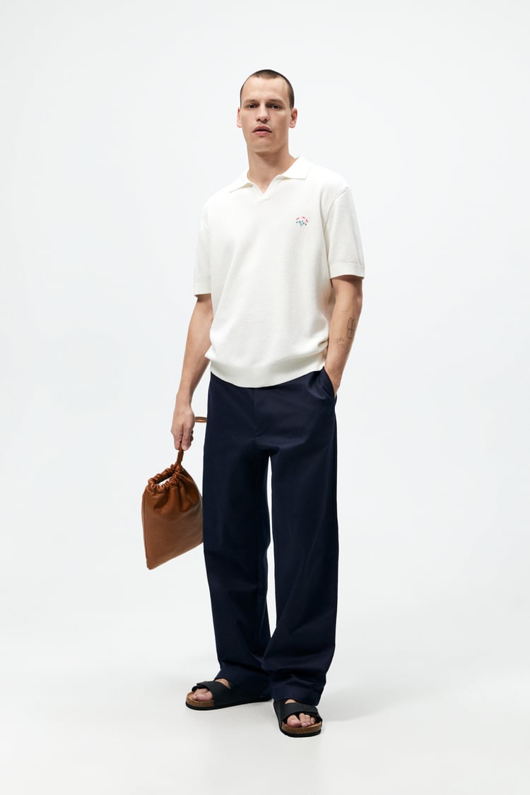 Zara embroidered knit polo shirt in oyster white