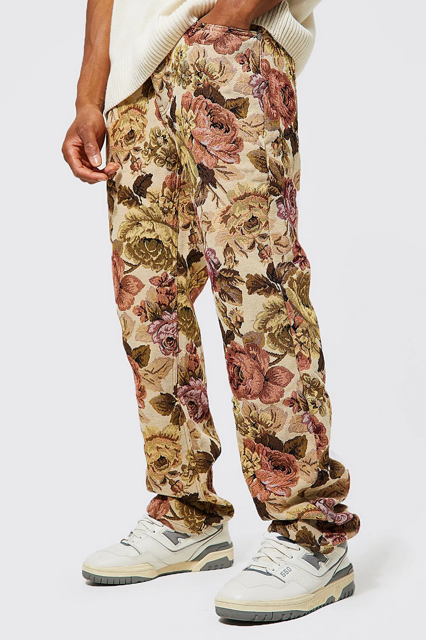 BOOHOOMAN RELAXED FIT FLORAL TAPESTRY JEANS