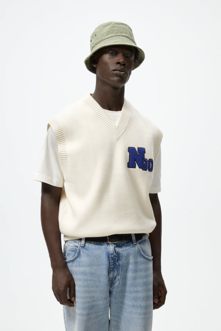 Zara knit vest with patch in oyster white