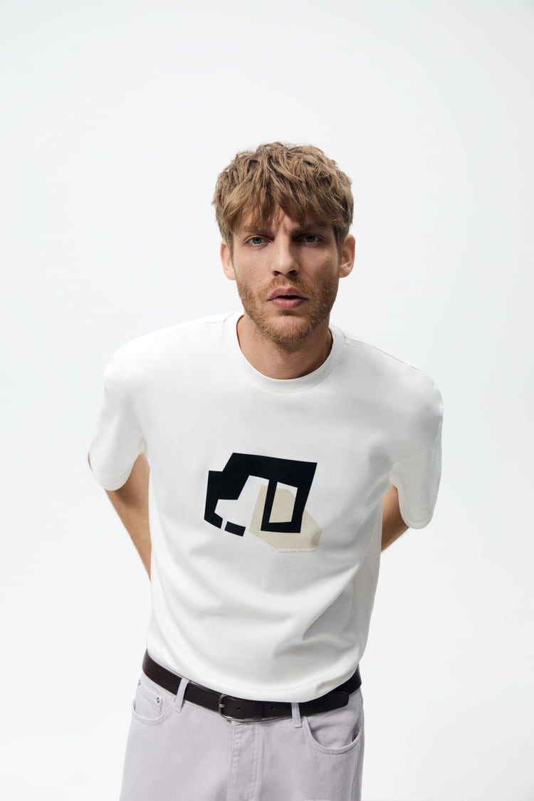 Zara T-shirt with Faux Leather patch in white