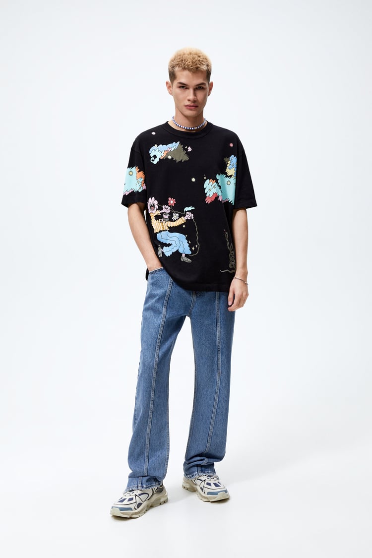 ZARA PRINTED KNIT T-SHIRT IN BLACK