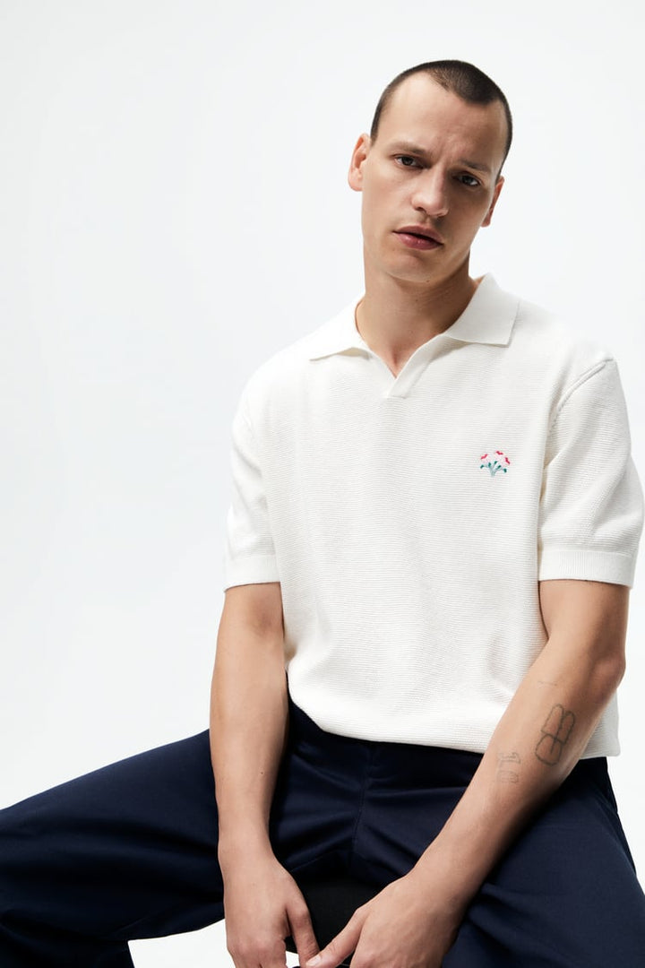 Zara embroidered knit polo shirt in oyster white