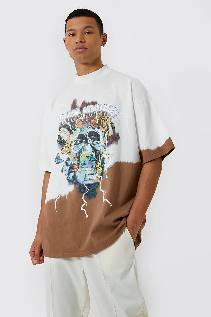 BOOHOOMAN TALL SPLICED TIE DYE PRINT T-SHIRT IN BROWN