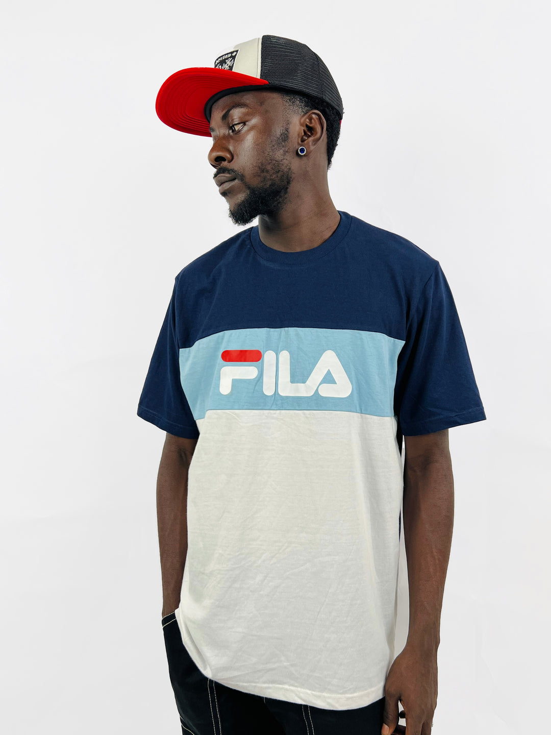 Fila logo print color block t-shirt in blue