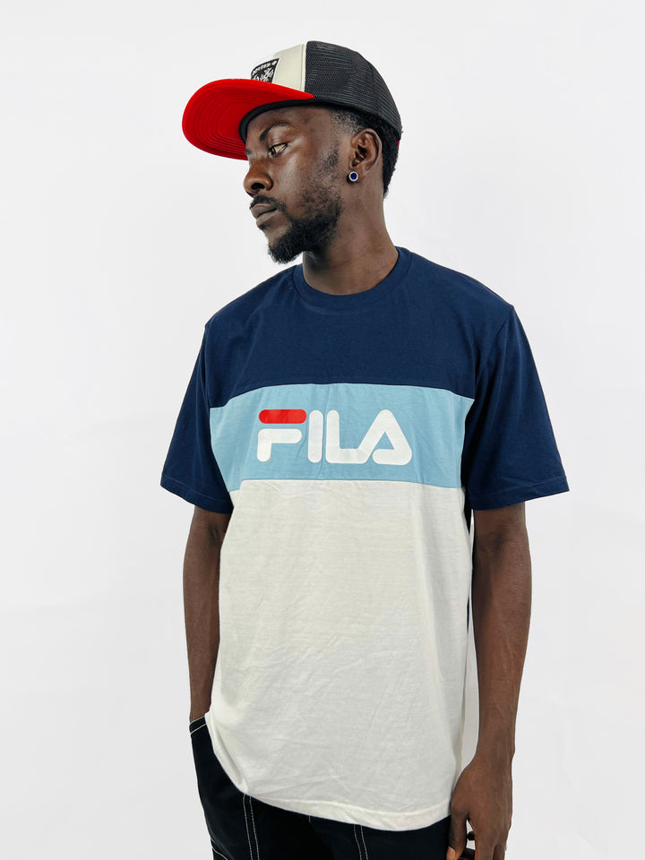 Fila logo print color block t-shirt in blue