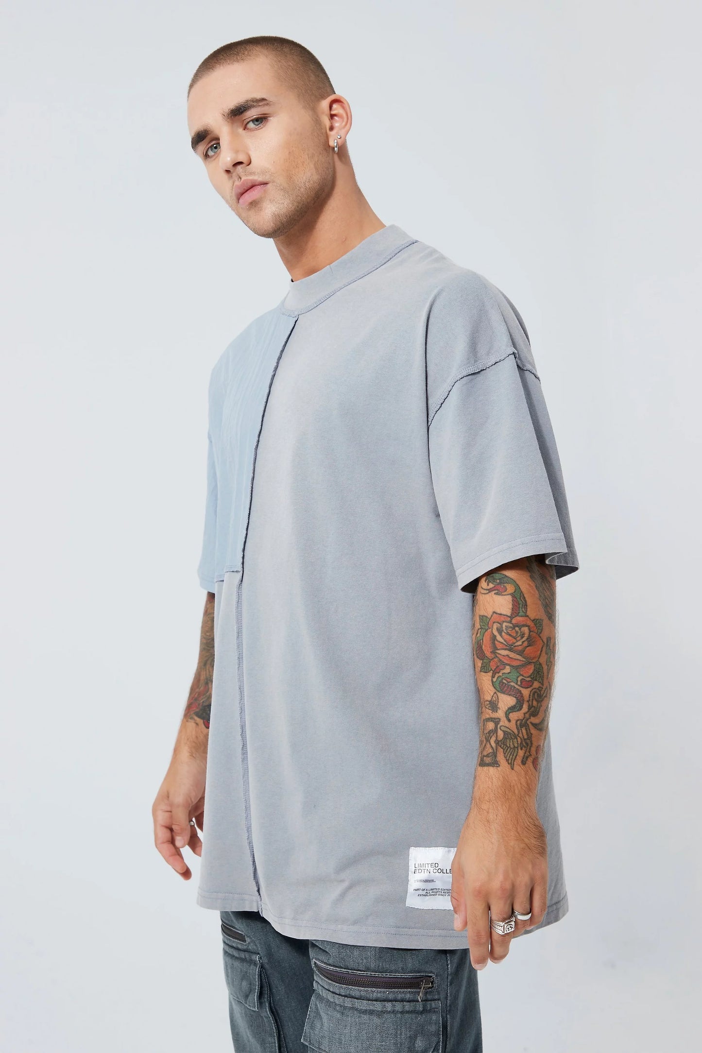 BOOHOOMAN OVERSIZED WOVEN PANEL DETAIL WASHED T-SHIRT