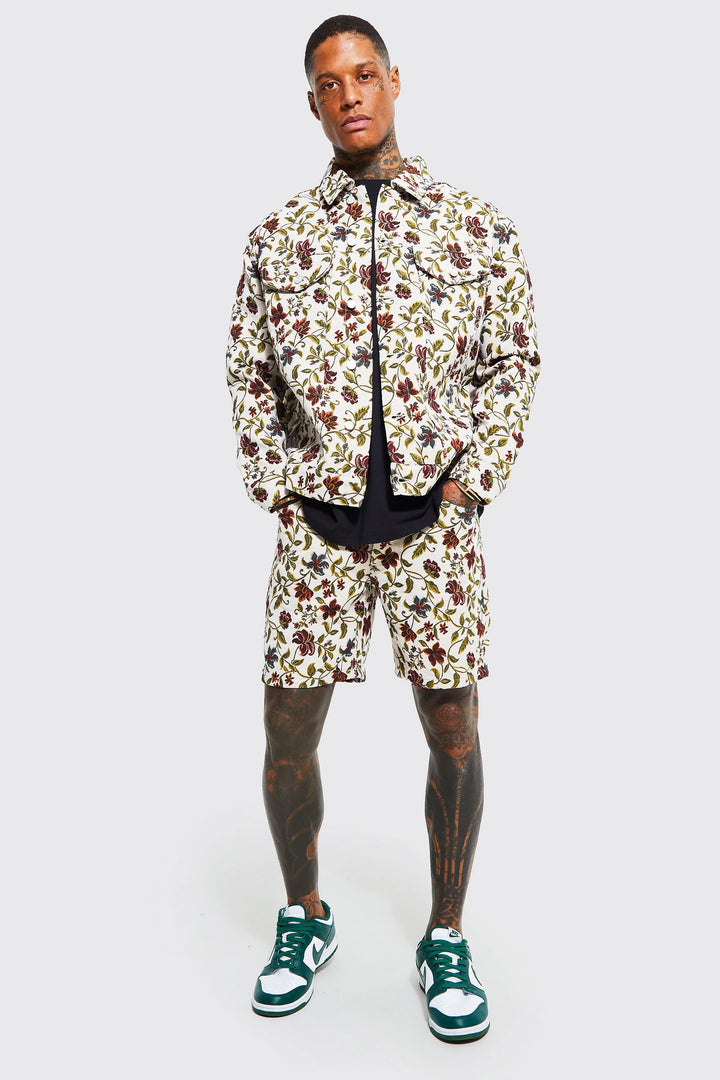 BOOHOOMAN OVERSIZED TAPESTRY FLORAL DENIM JACKET