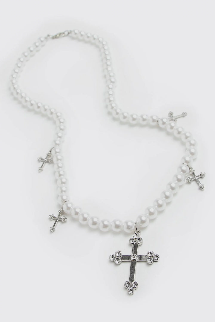 Boohooman Multi Cross Pendant Pearl Necklace White