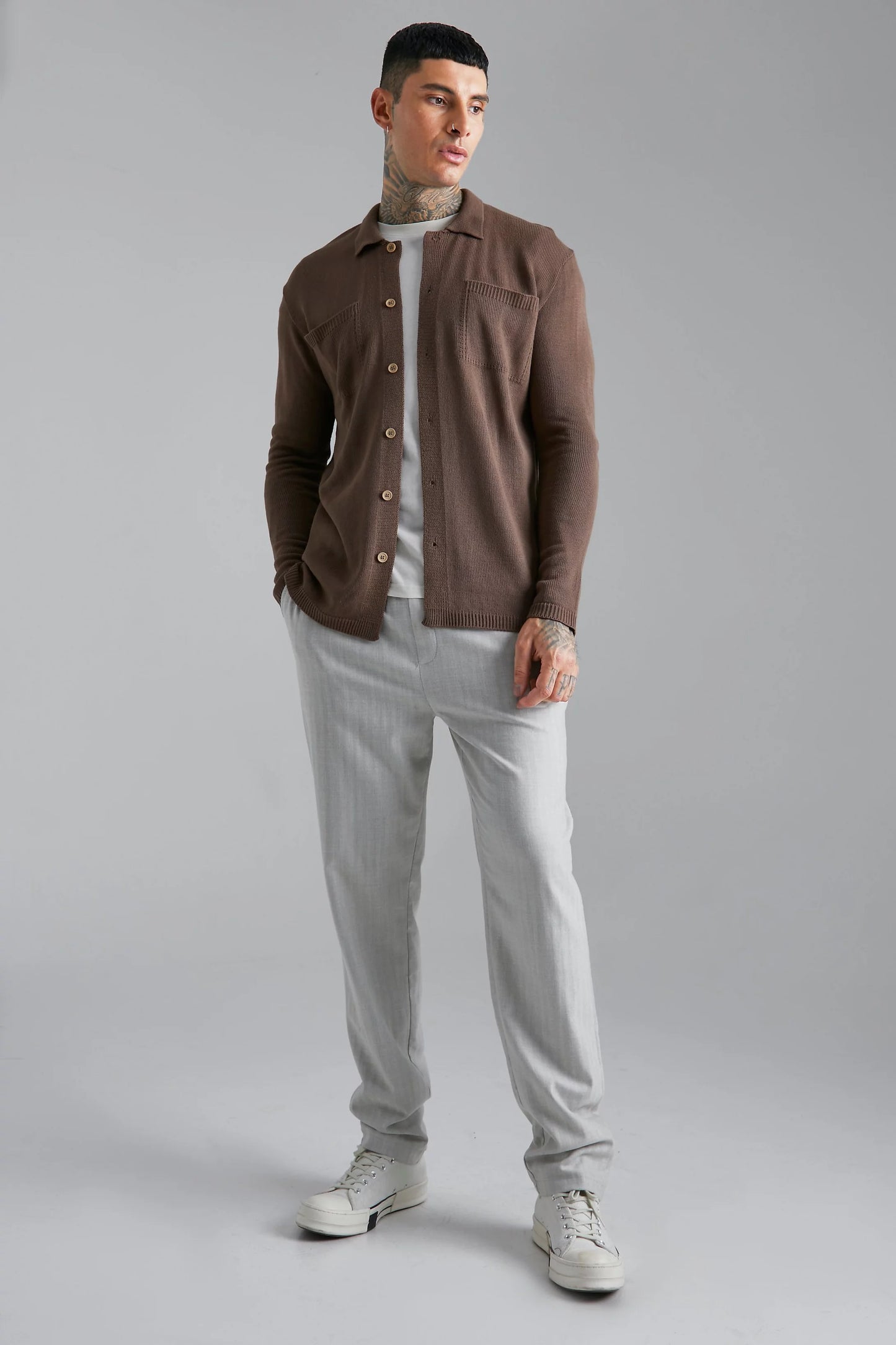 BOOHOOMAN KNITTED COLLARED OVERSHIRT IN TAUPE