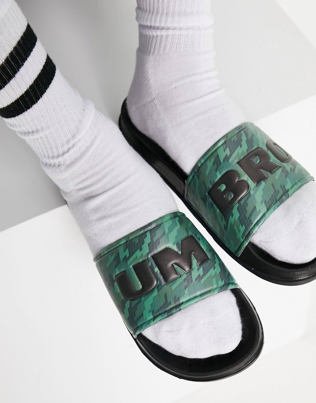 Umbro graphic sliders in green and black camo