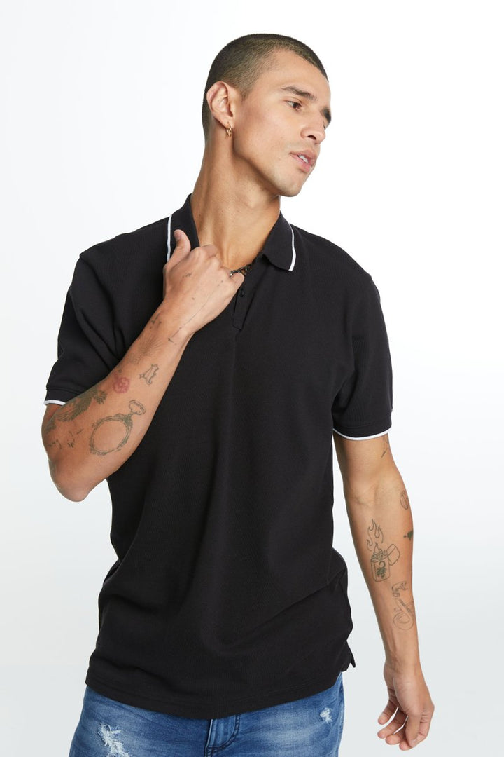 FSBN slim fit polo shirt with collar detail in black