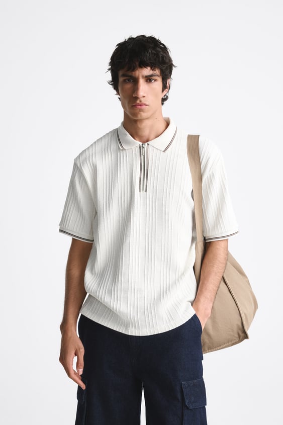 Zara polo shirt with zip ecru
