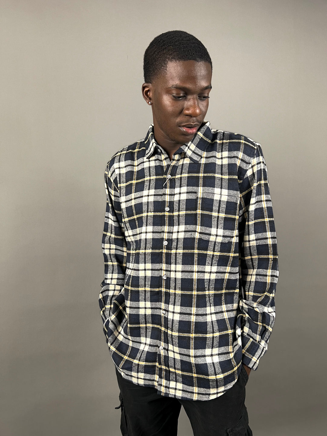 Tall woods plaid flannel shirt in blue and yellow