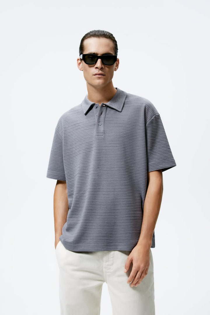 Zara textured polo shirt in mid grey