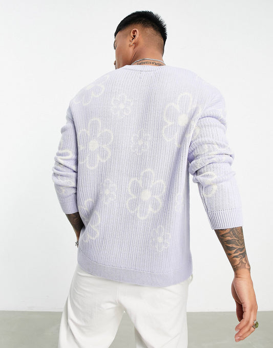 ASOS DESIGN knitted textured rib jumper with all over floral in lilac