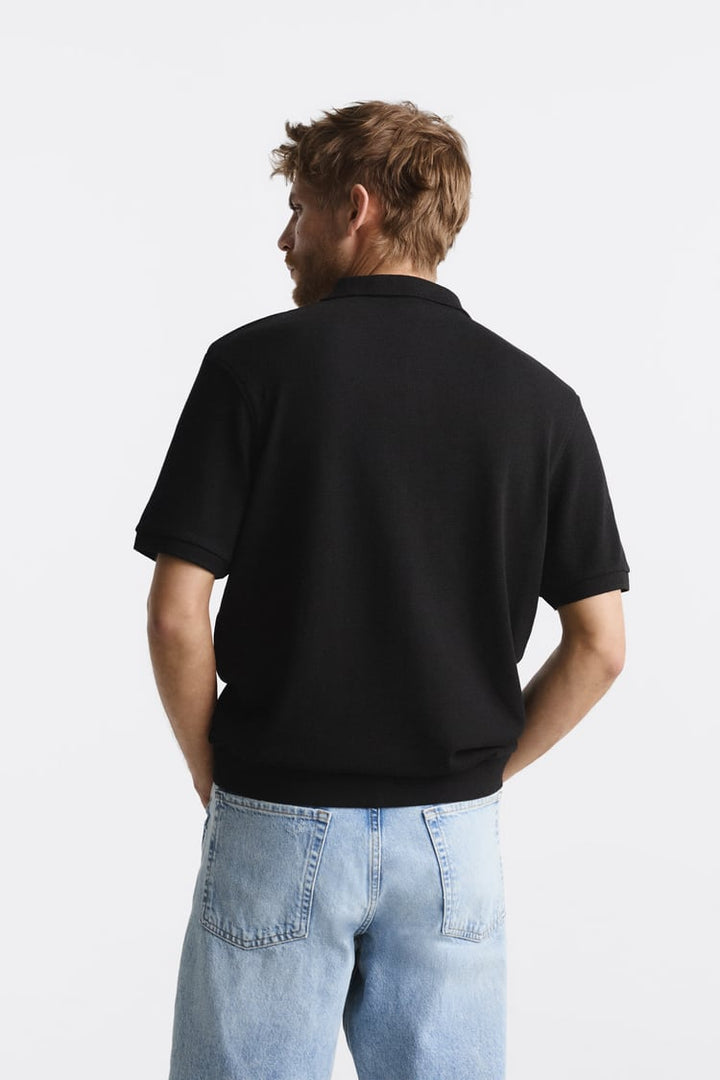 Zara textured polo shirt in black