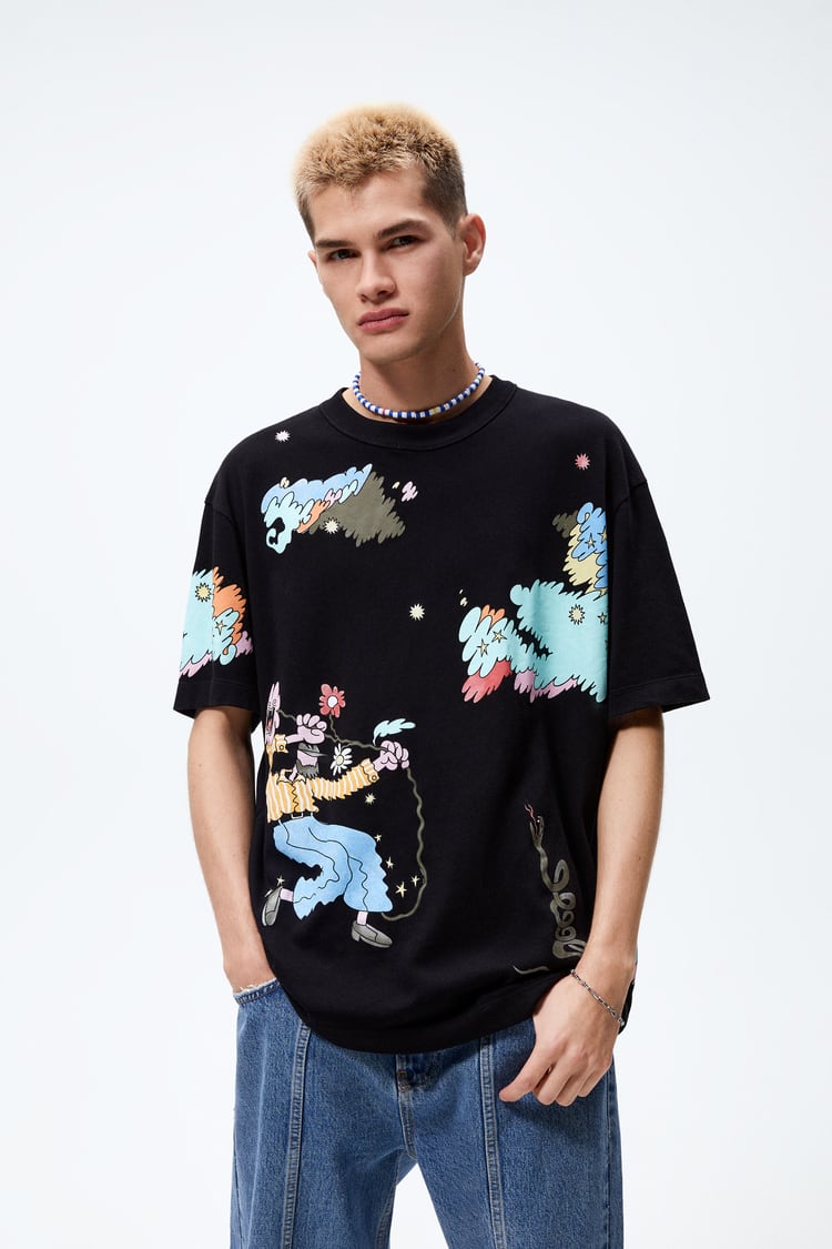 ZARA PRINTED KNIT T-SHIRT IN BLACK