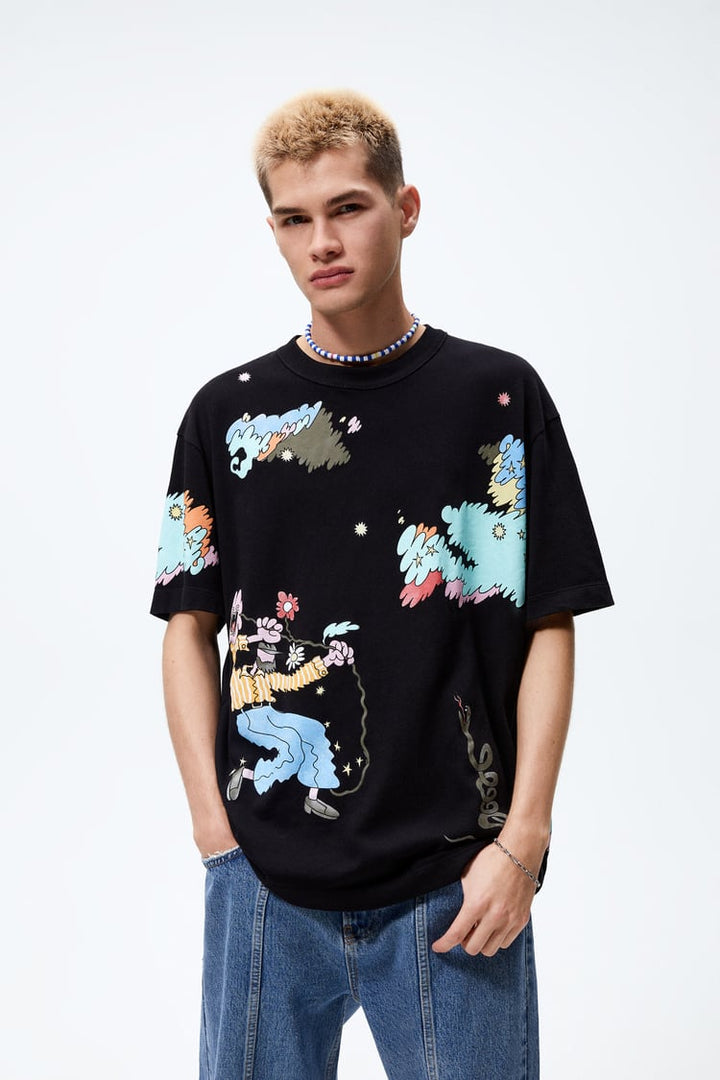 ZARA PRINTED KNIT T-SHIRT IN BLACK