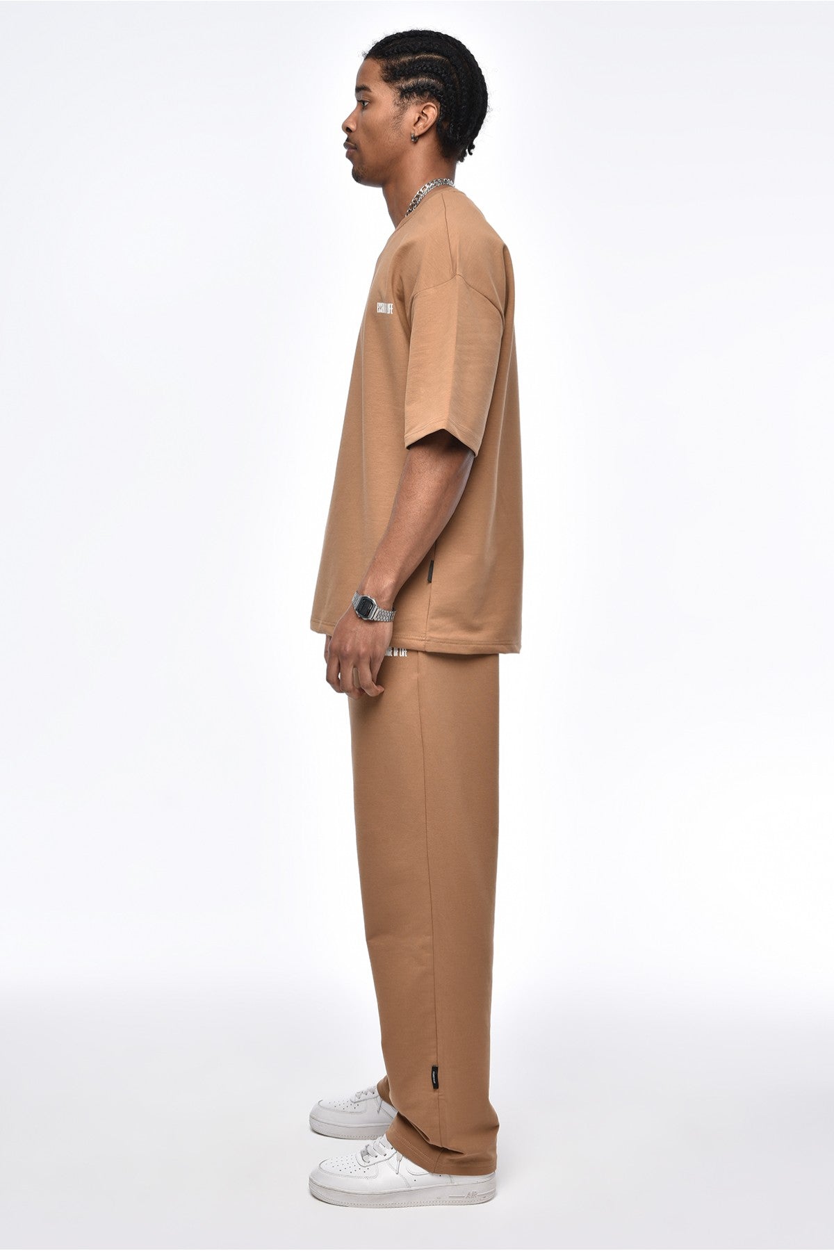 Vamos Essence Of Life Basic Oversize T-shirt & Trouser Set in Tan