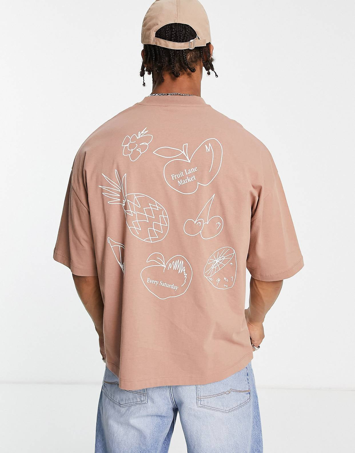 ASOS DESIGN oversized t-shirt in tan with line drawn fruity back print