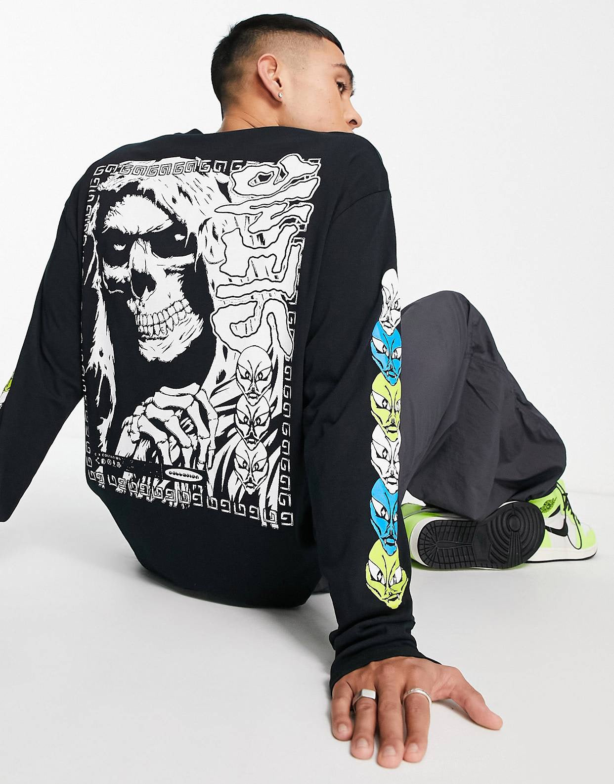 Collusion skull graphic long sleeve t-shirt in black