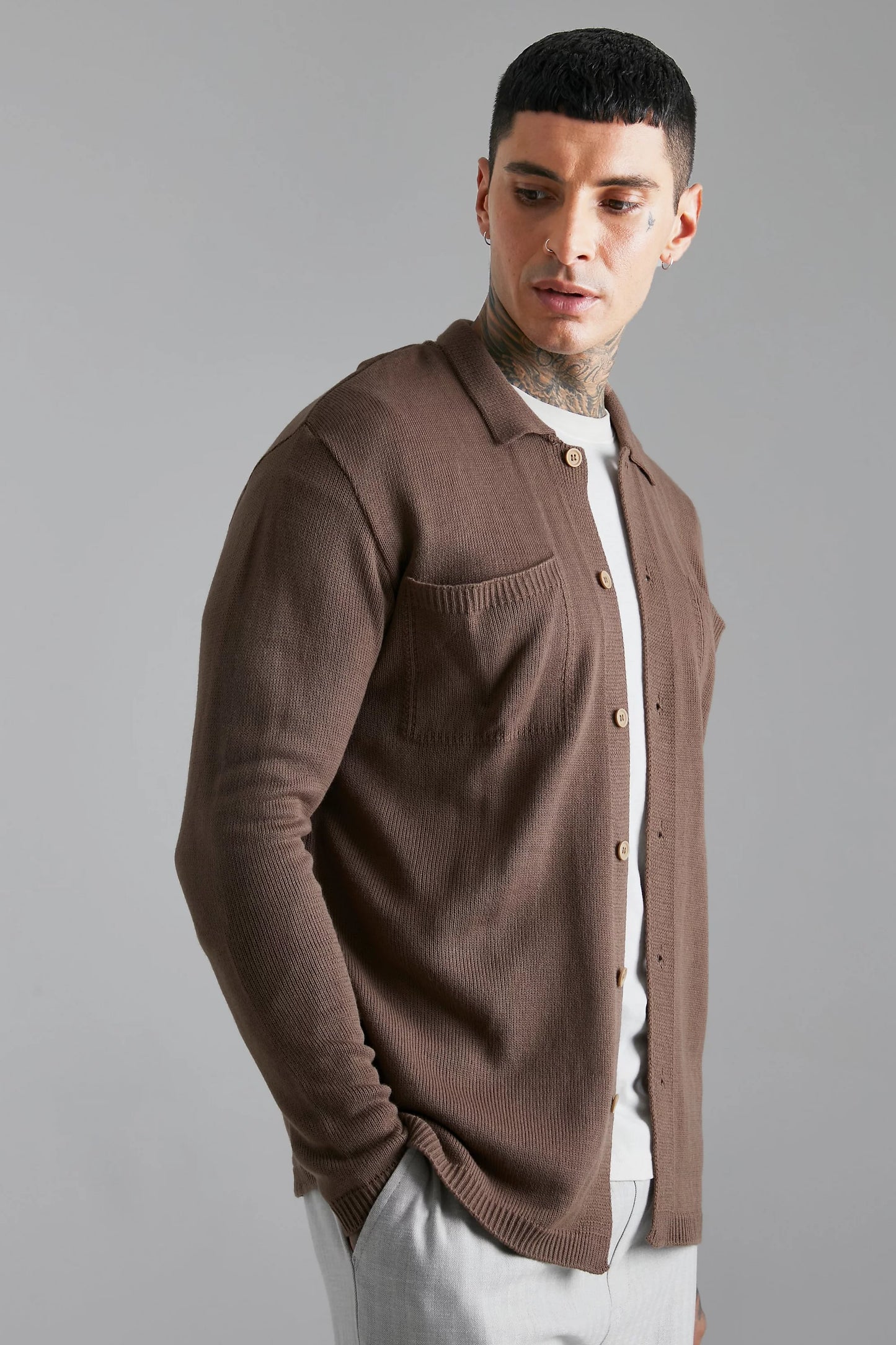 BOOHOOMAN KNITTED COLLARED OVERSHIRT IN TAUPE