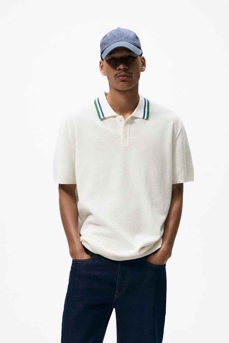 Zara contrast knit polo shirt with collar detail oyster white