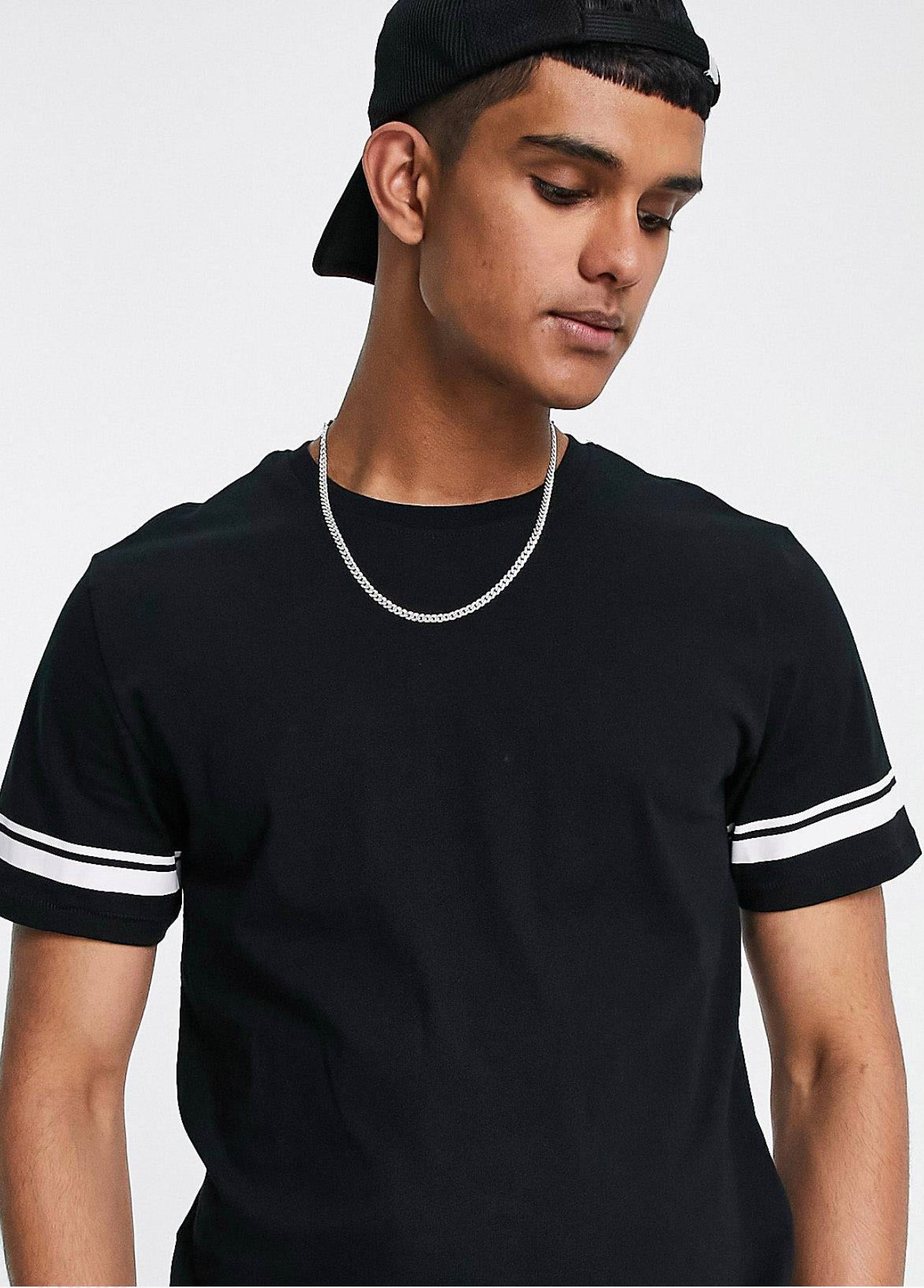 Only & Sons longline t-shirt with sleeve stripe in black
