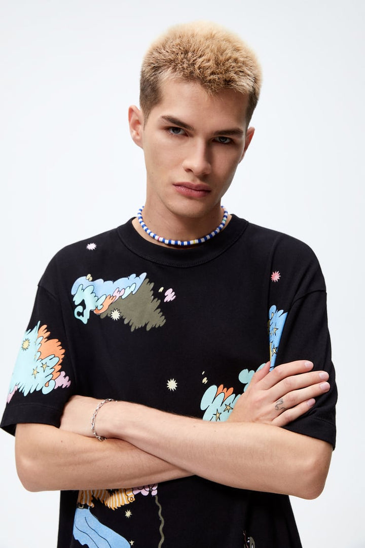 ZARA PRINTED KNIT T-SHIRT IN BLACK