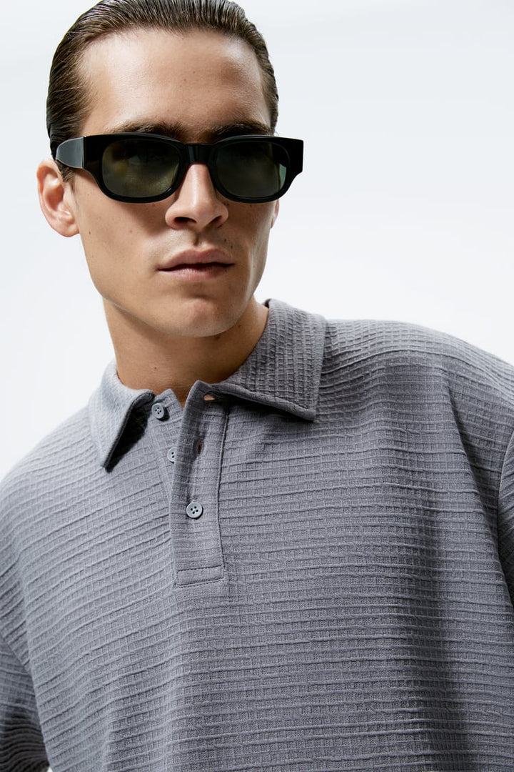 Zara textured polo shirt in mid grey