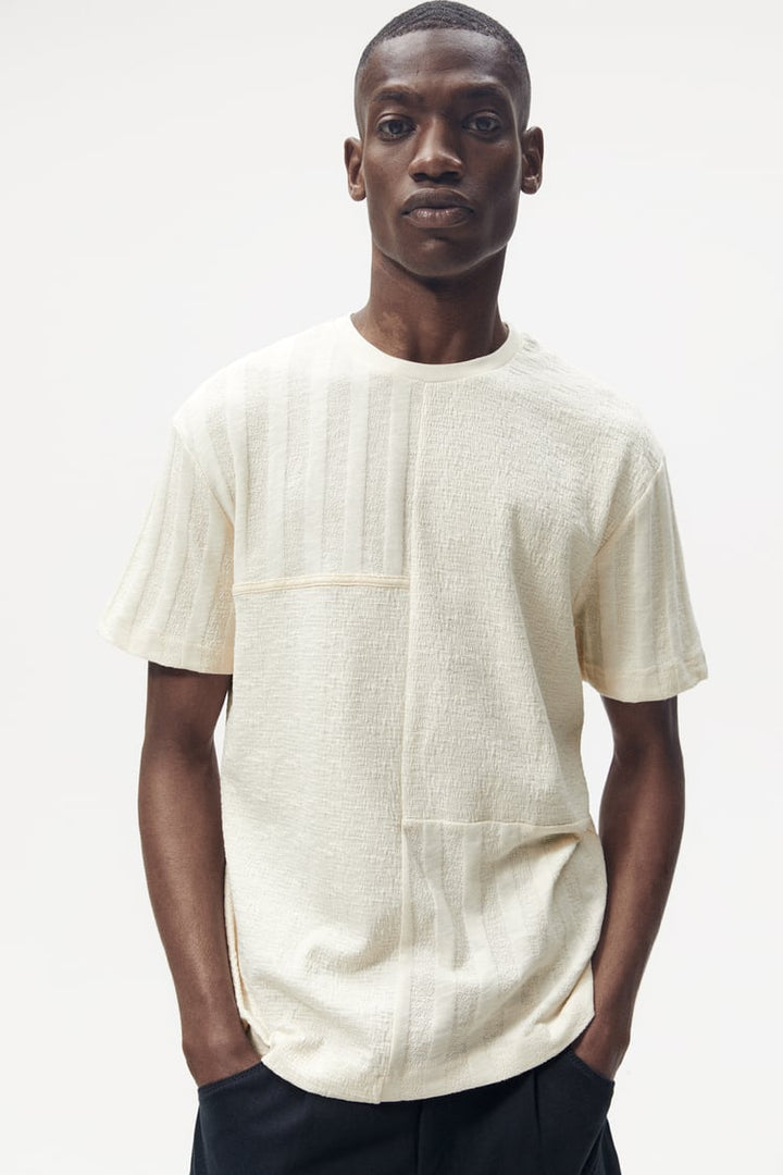 ZARA TEXTURED PATCHWORK T-SHIRT IN NEUTRAL