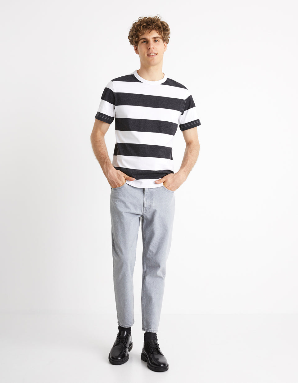 Celio Bar Striped T-shirt in Gray/White