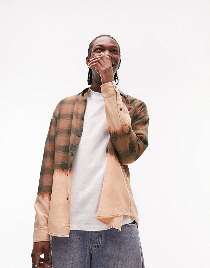 Topman bleached check shirt in brown